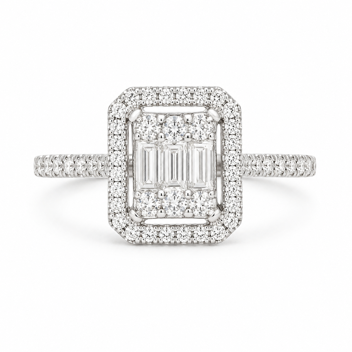 The Aurelia Baguette Halo Diamond Ring