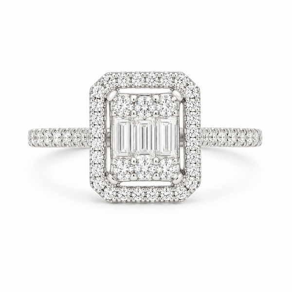 The Aurelia Baguette Halo Diamond Ring