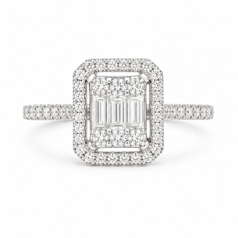 The Aurelia Baguette Halo Diamond Ring
