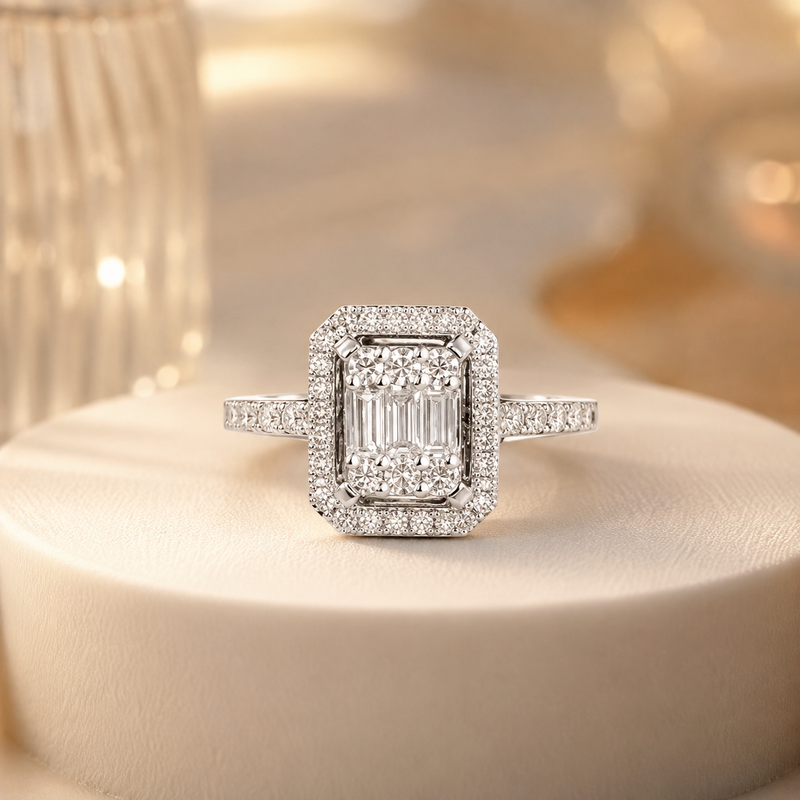The Aurelia Baguette Halo Diamond Ring