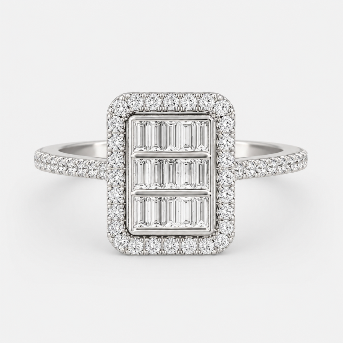 The Lumina Baguette Halo Diamond Ring
