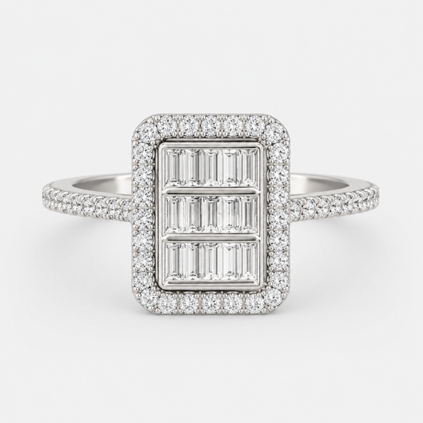 The Lumina Baguette Halo Diamond Ring