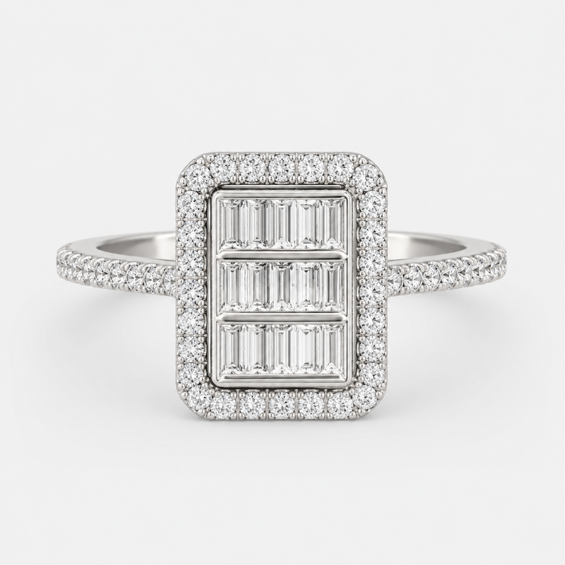 The Lumina Baguette Halo Diamond Ring