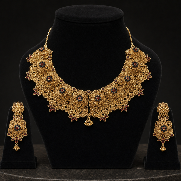 The Zareen Floral Filigree Gold Necklace & Earrings Set