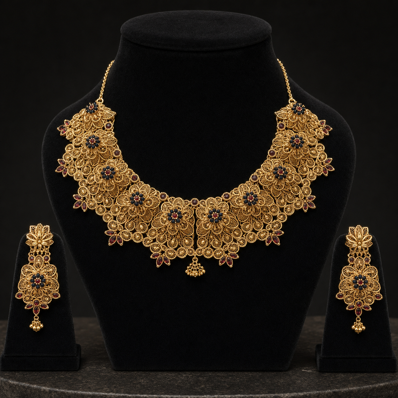 The Zareen Floral Filigree Gold Necklace & Earrings Set