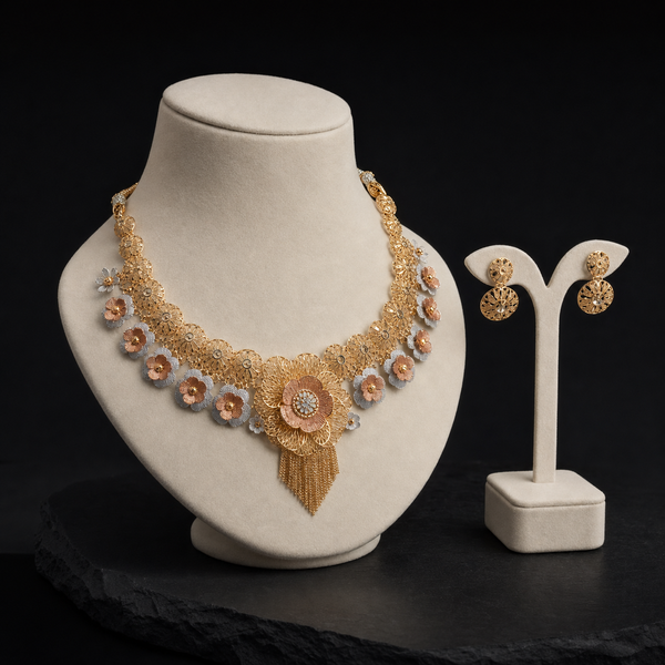 Gulbahar Tri-Tone Floral Gold Necklace & Earrings Set
