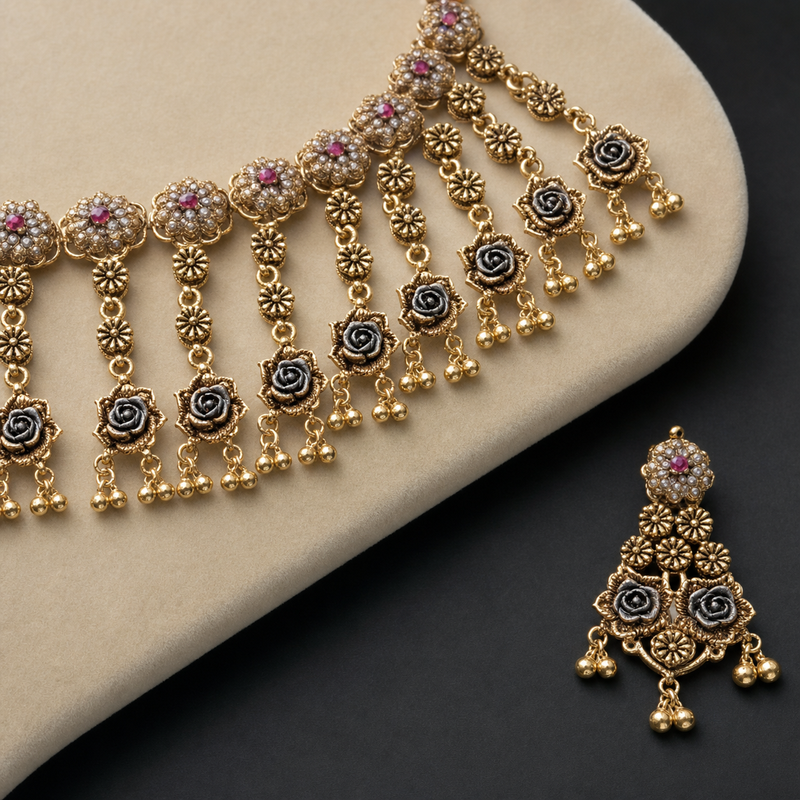 Rosette Cascade Heritage Gold Necklace & Earrings Set