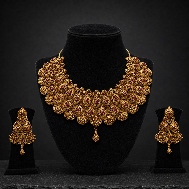 Maharani Heritage Collar Gold Necklace & Earrings Set