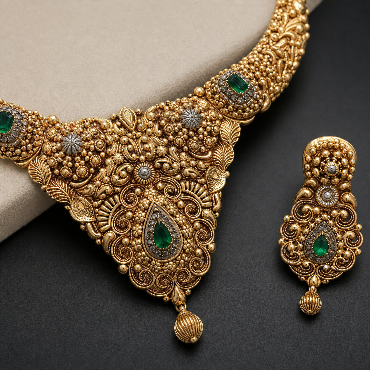 Emerald Noor Heritage Gold Necklace & Earrings Set
