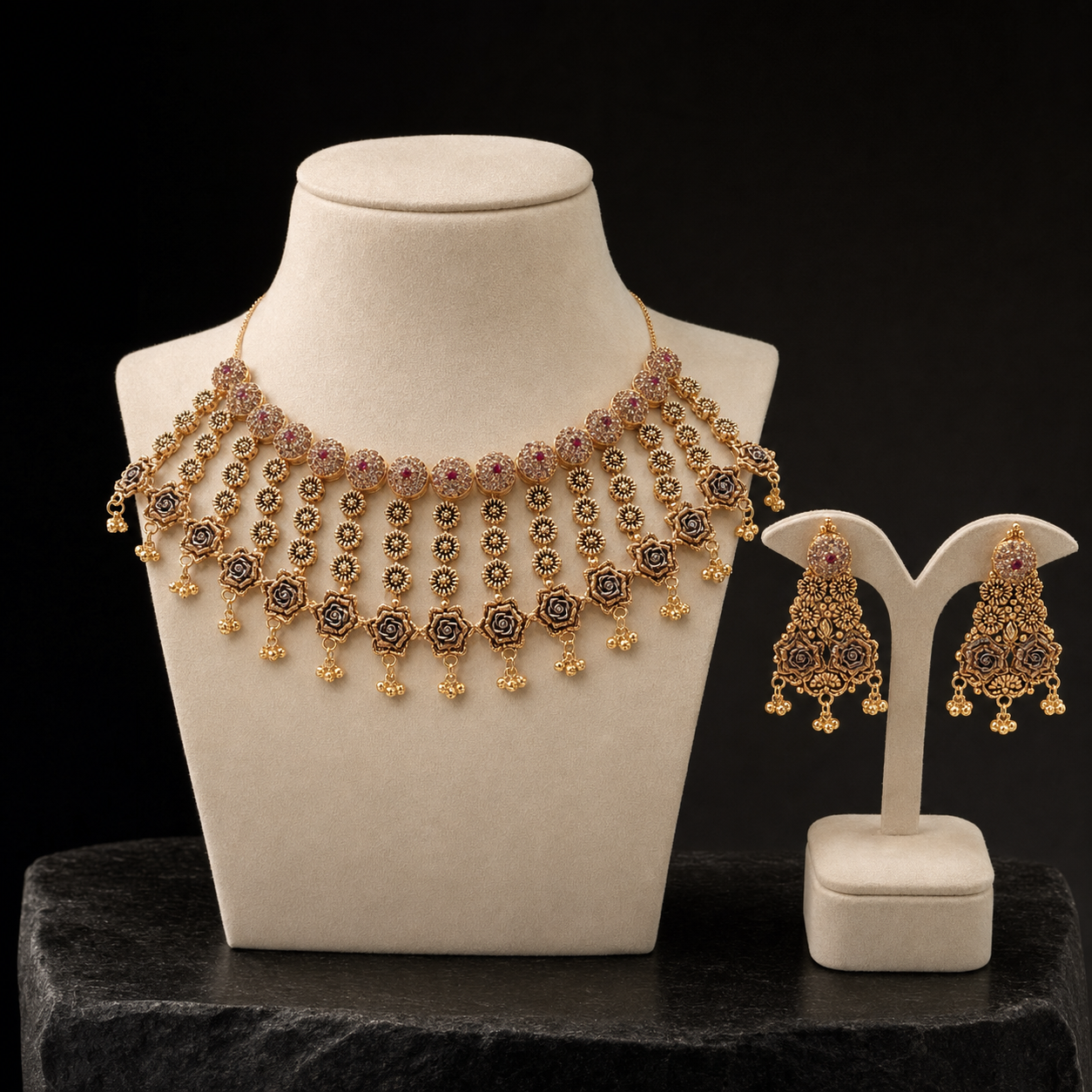 Rosette Cascade Heritage Gold Necklace & Earrings Set