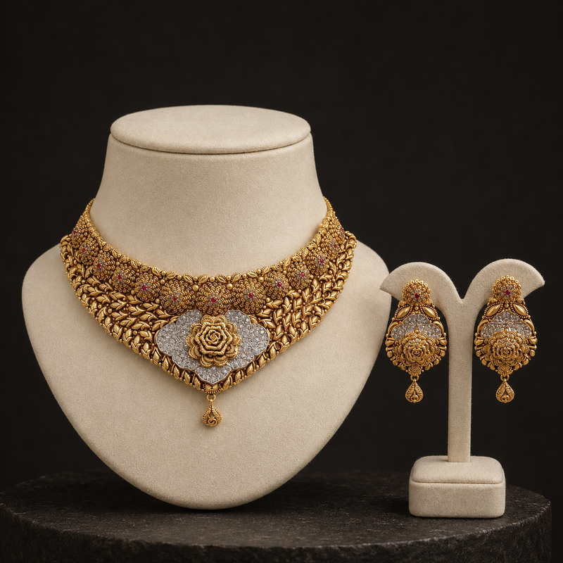 Shahnoor Rose Heritage 22K Gold Necklace & Earrings Set