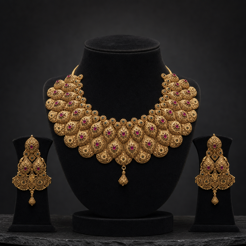 Maharani Heritage Collar Gold Necklace & Earrings Set