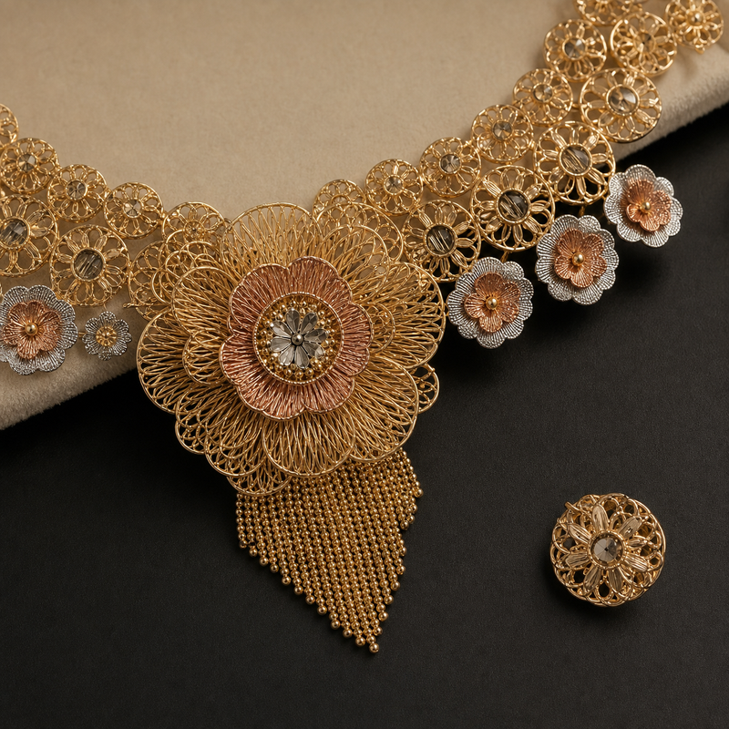 Gulbahar Tri-Tone Floral Gold Necklace & Earrings Set