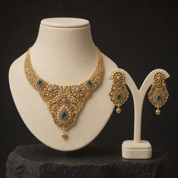 Emerald Noor Heritage Gold Necklace & Earrings Set